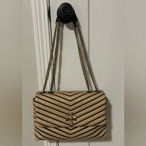 Tory Burch Kira Soft Straw Chevron Shoulder Bag in Tan and Black